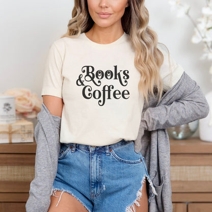 Books and coffee shirt with cozy, coffee-inspired design for book lovers.