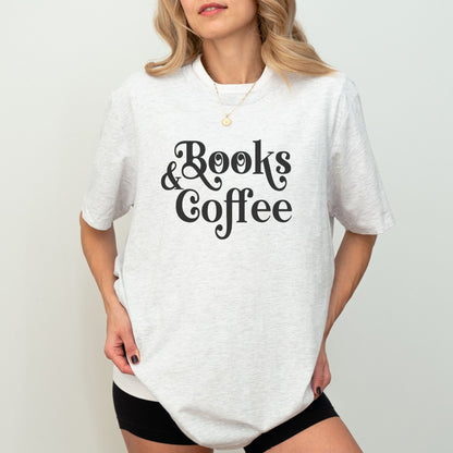 Books and coffee shirt with cozy, coffee-inspired design for book lovers.