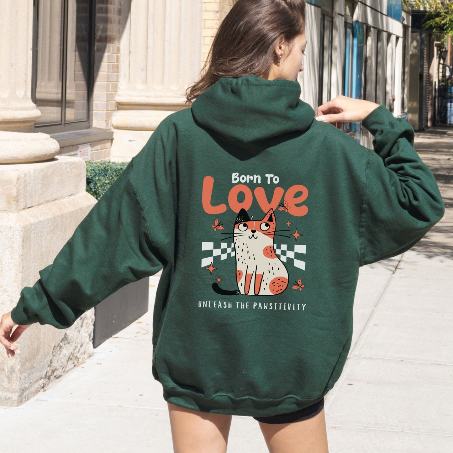 Cute love-themed cat hoodie for cozy animal lovers in 10 colors.