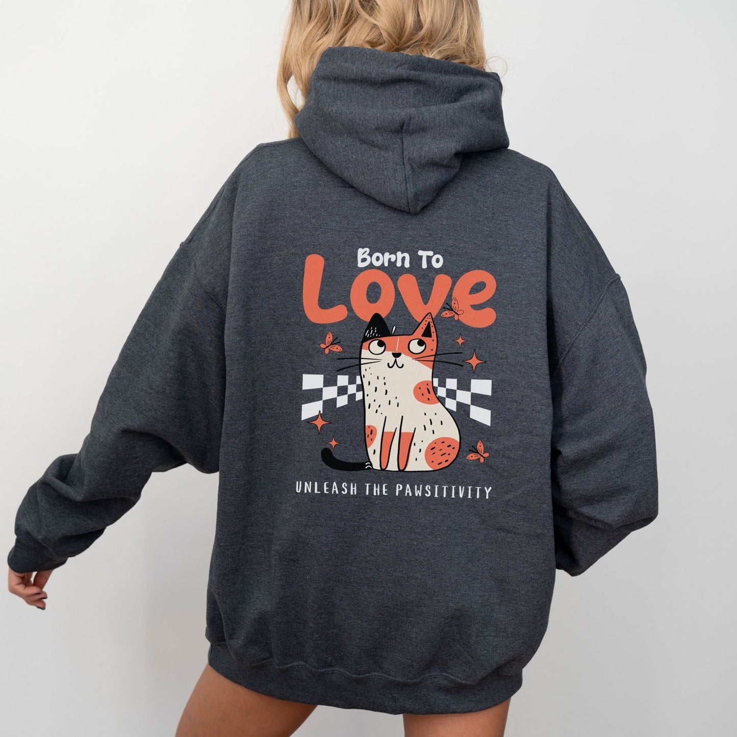 Cute love-themed cat hoodie for cozy animal lovers in 10 colors.