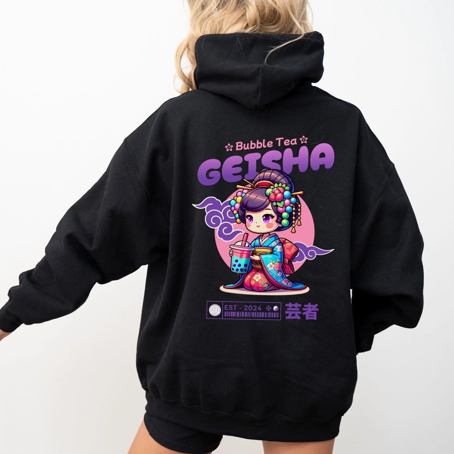 Bubble Tea Geisha hoodie, kawaii culture, vibrant design, streetwear fashion.