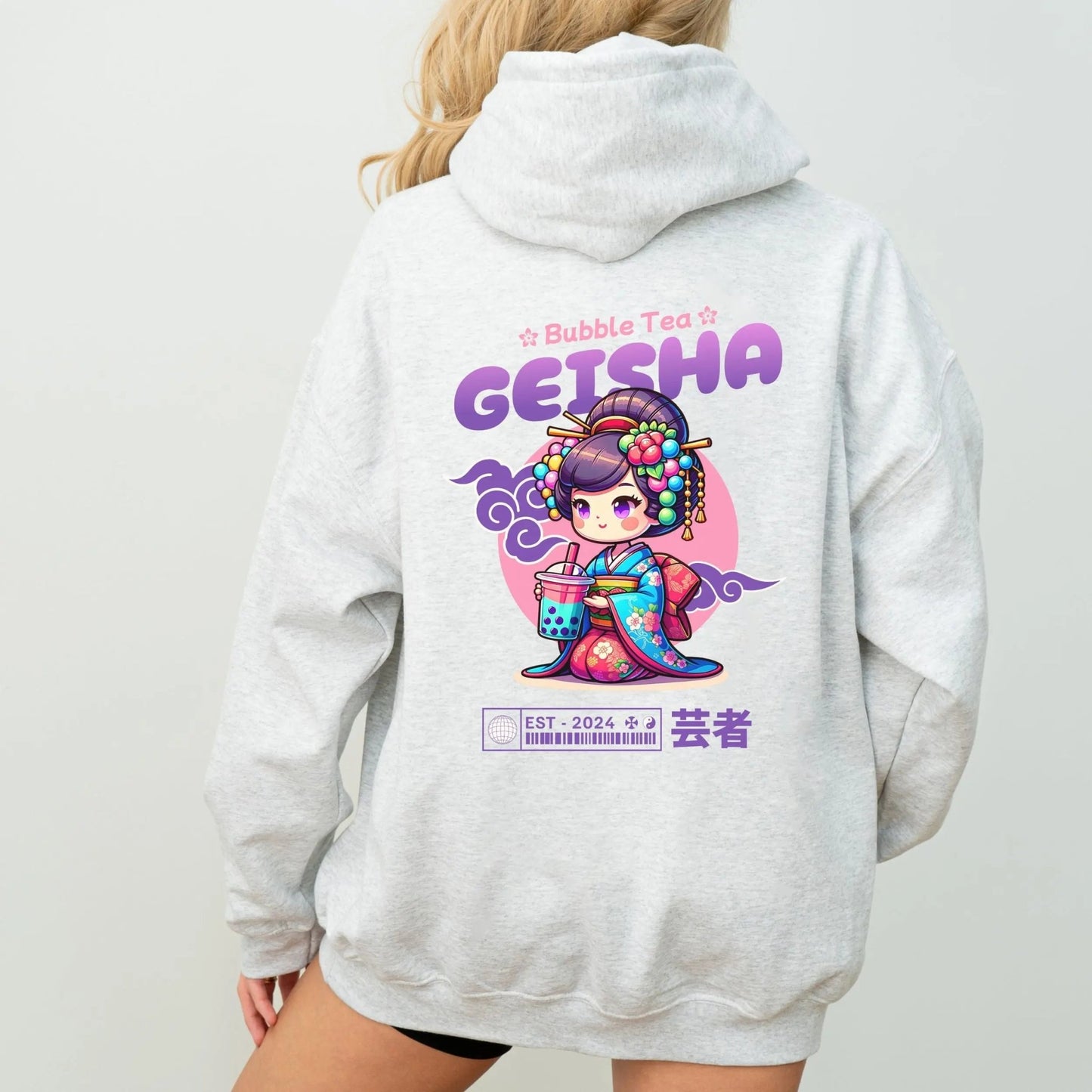 Bubble Tea Geisha hoodie, kawaii culture, vibrant design, streetwear fashion.