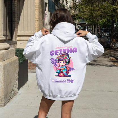 Bubble Tea Geisha hoodie, kawaii culture, vibrant design, streetwear fashion.