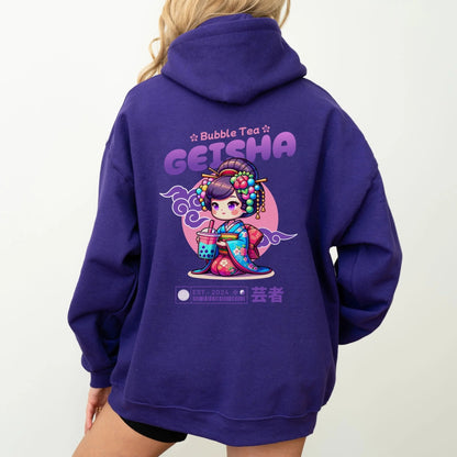 Bubble Tea Geisha hoodie, kawaii culture, vibrant design, streetwear fashion.