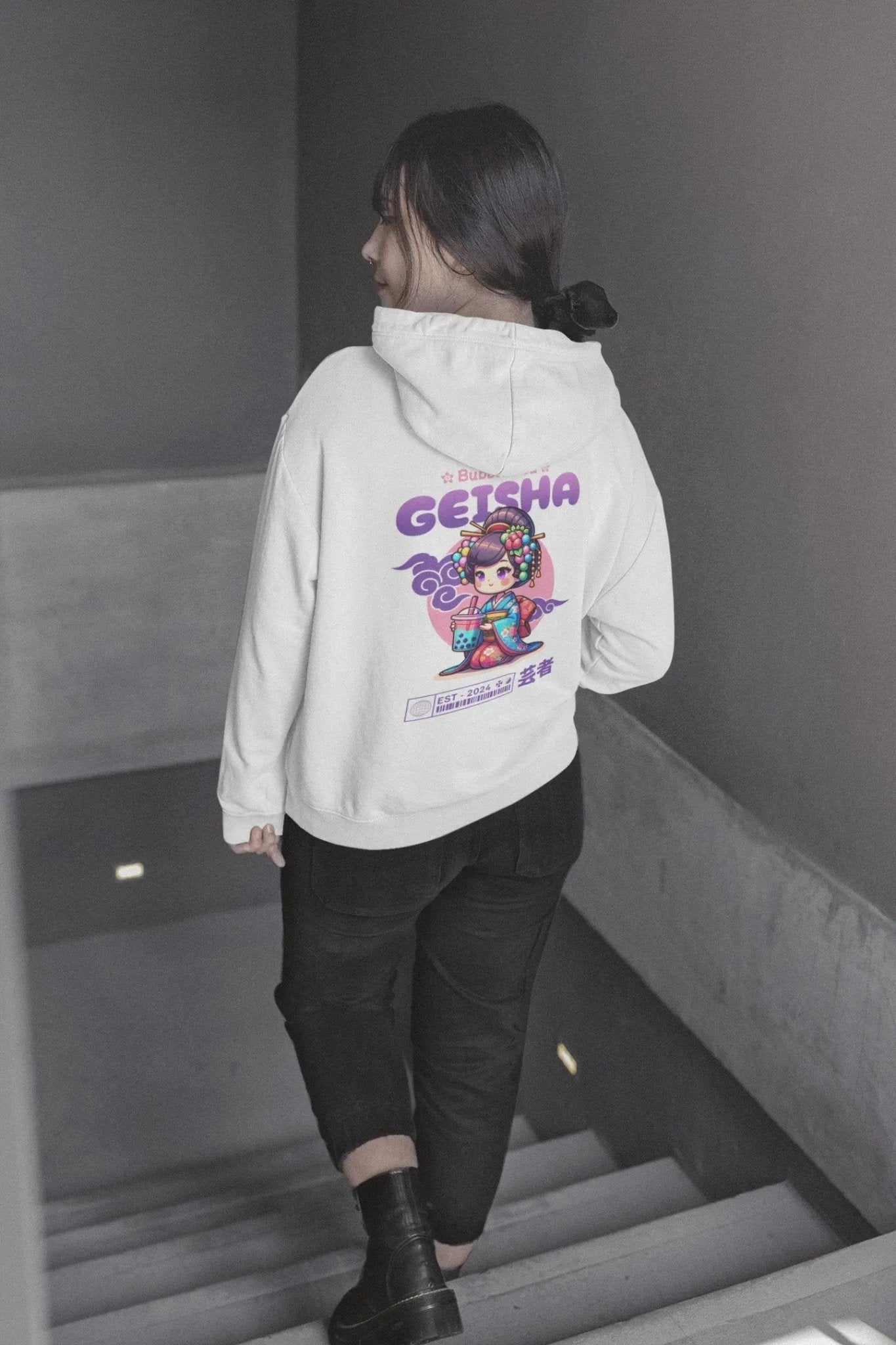 Bubble Tea Geisha hoodie, kawaii culture, vibrant design, streetwear fashion.