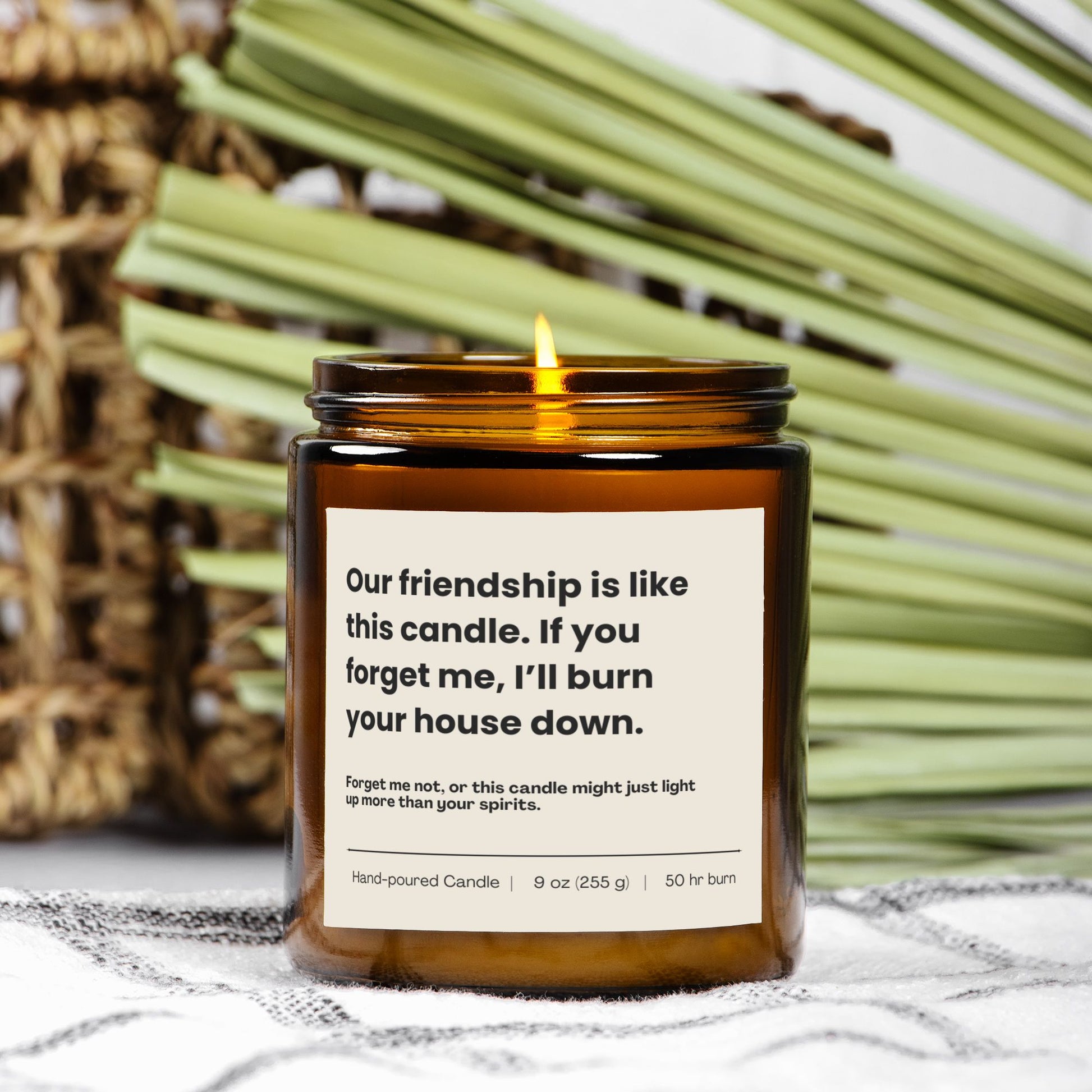 Amber jar friendship candle with funny quote, hand-poured soy wax, perfect humorous gift.