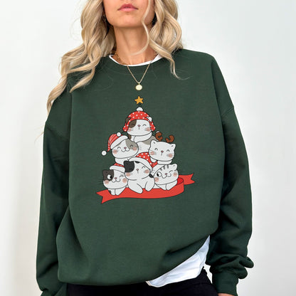 Christmas cat sweatshirt with cats stacked like a festive tree, perfect holiday sweater for cat lovers