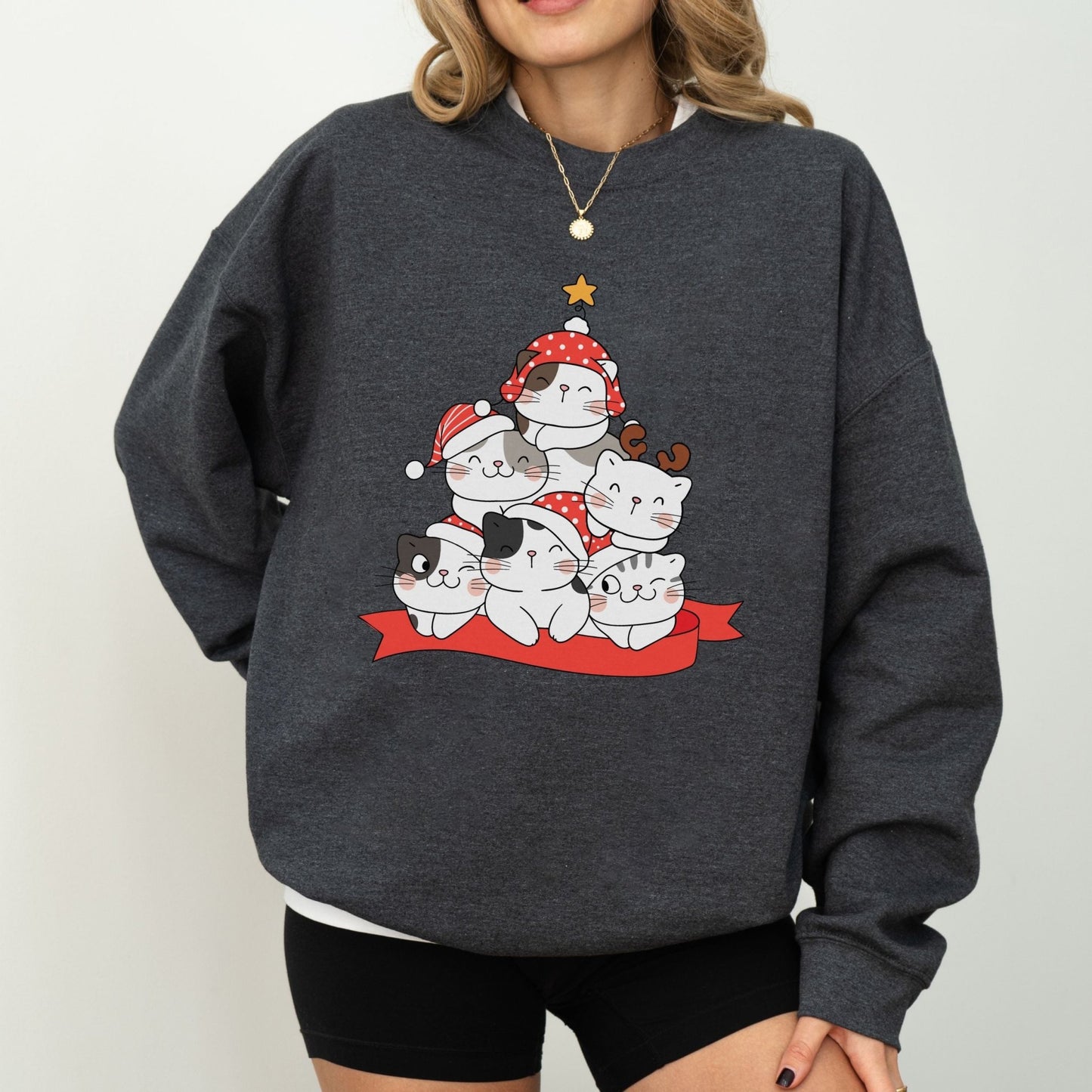 Christmas cat sweatshirt with cats stacked like a festive tree, perfect holiday sweater for cat lovers