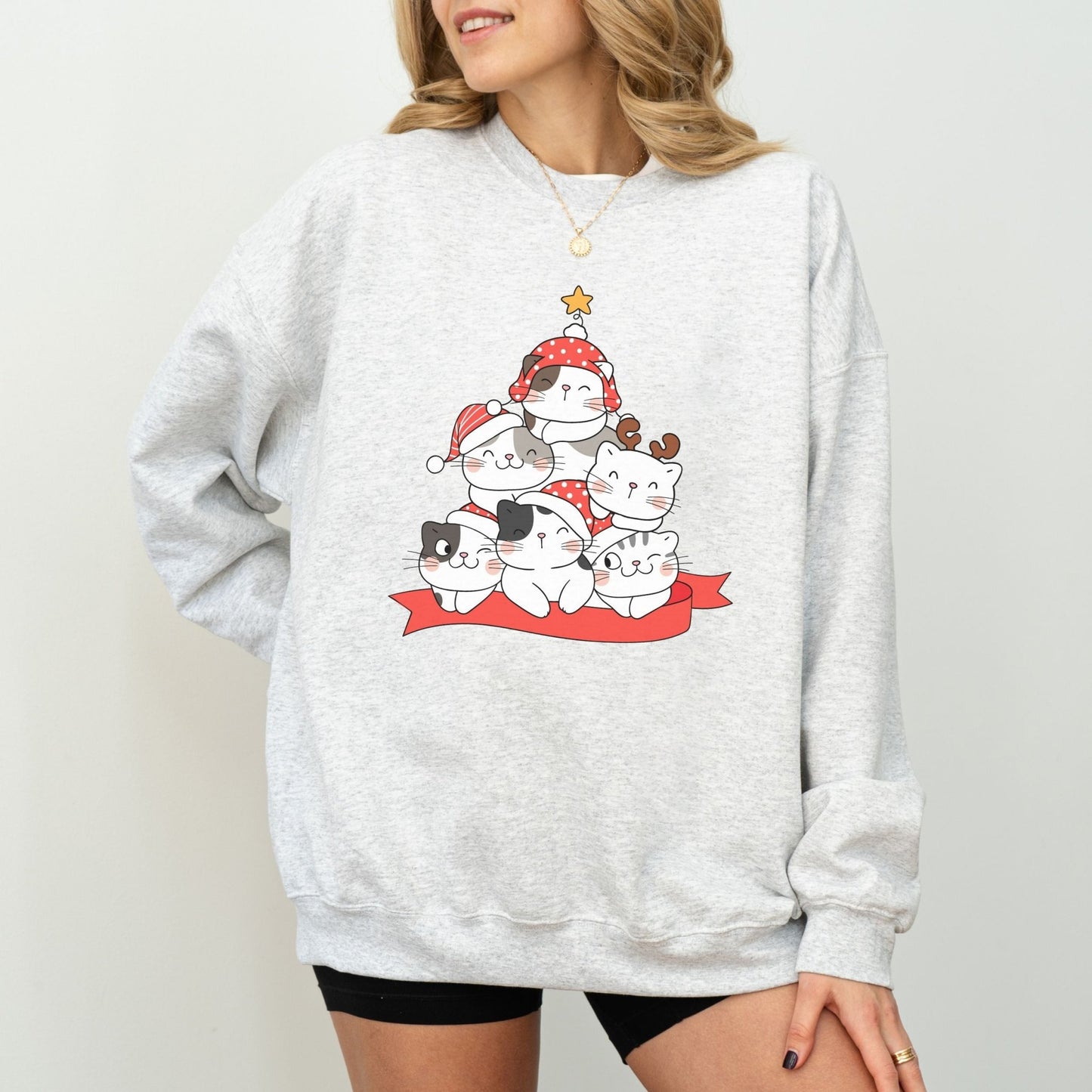 Christmas cat sweatshirt with cats stacked like a festive tree, perfect holiday sweater for cat lovers