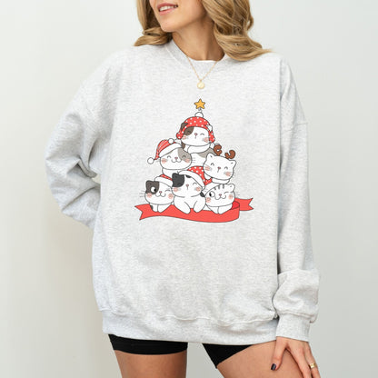 Christmas cat sweatshirt with cats stacked like a festive tree, perfect holiday sweater for cat lovers