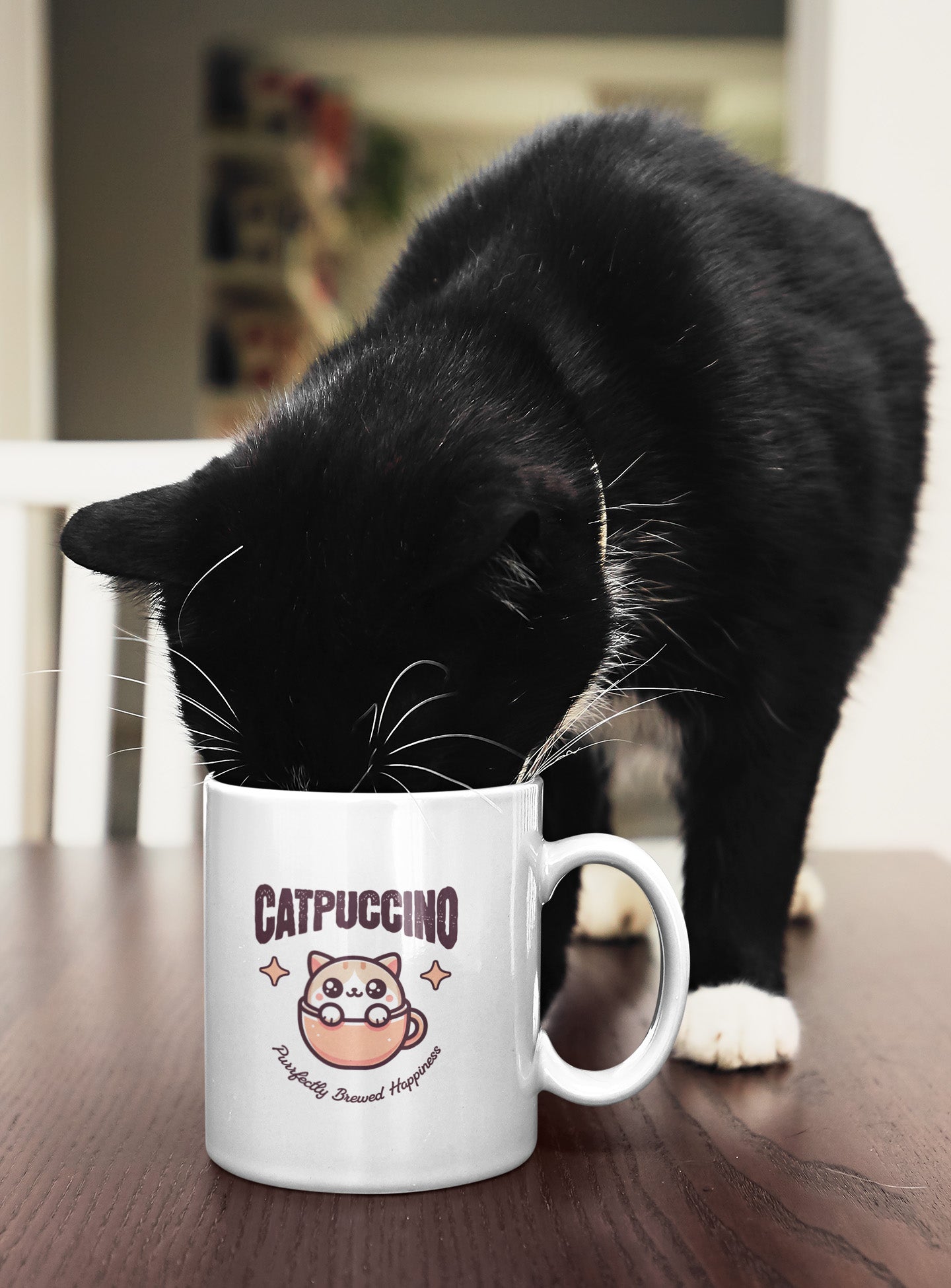 Cute cat coffee mug with "Catpuccino" design, perfect for cat and coffee lovers.