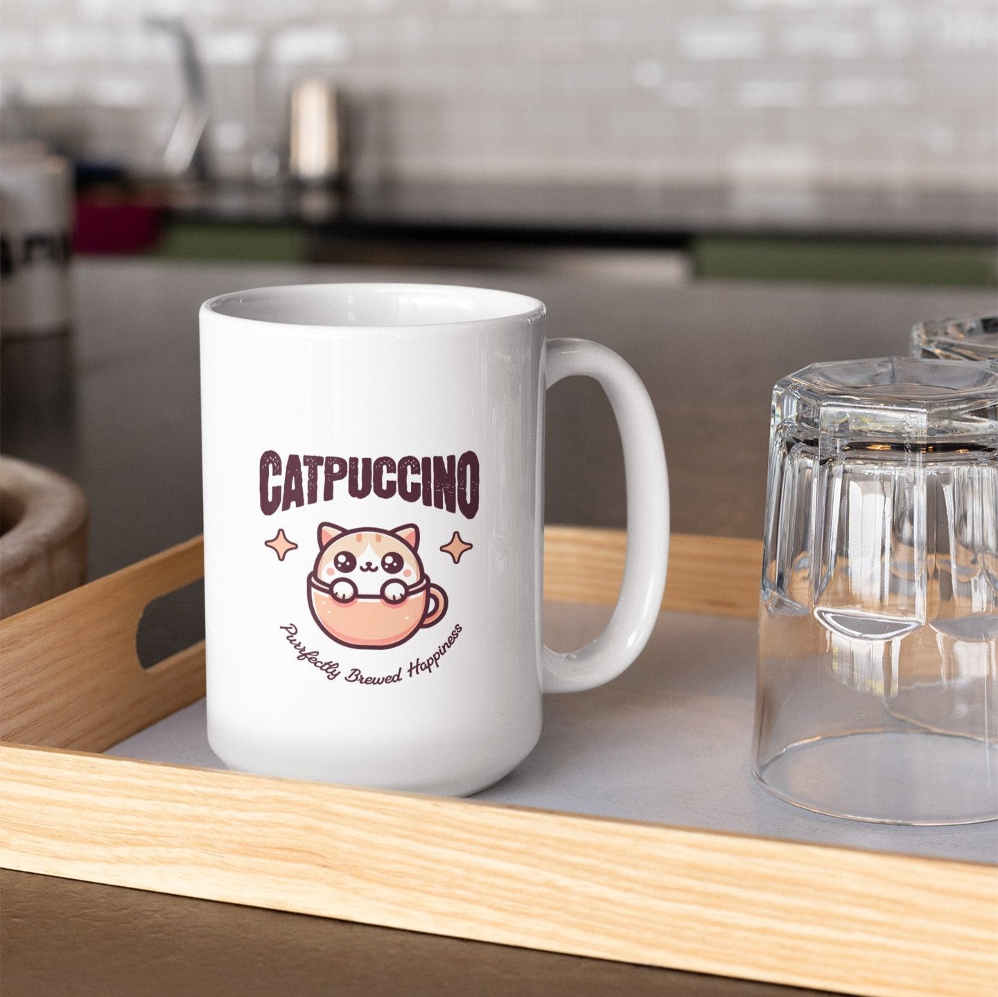 Cute cat coffee mug with "Catpuccino" design, perfect for cat and coffee lovers.