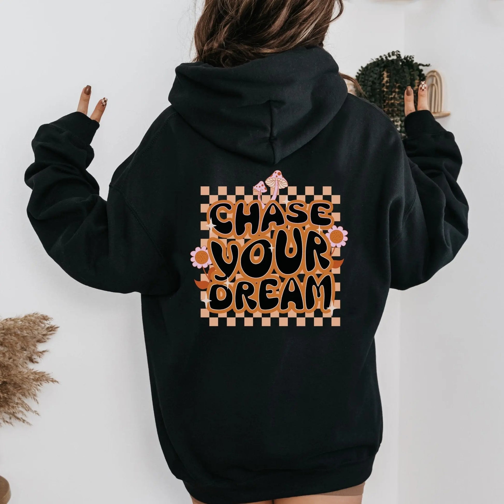 "Chase Your Dream" hoodie, boho chic style with retro motivational quote, 8 colors available.