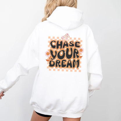 "Chase Your Dream" hoodie, boho chic style with retro motivational quote, 8 colors available.