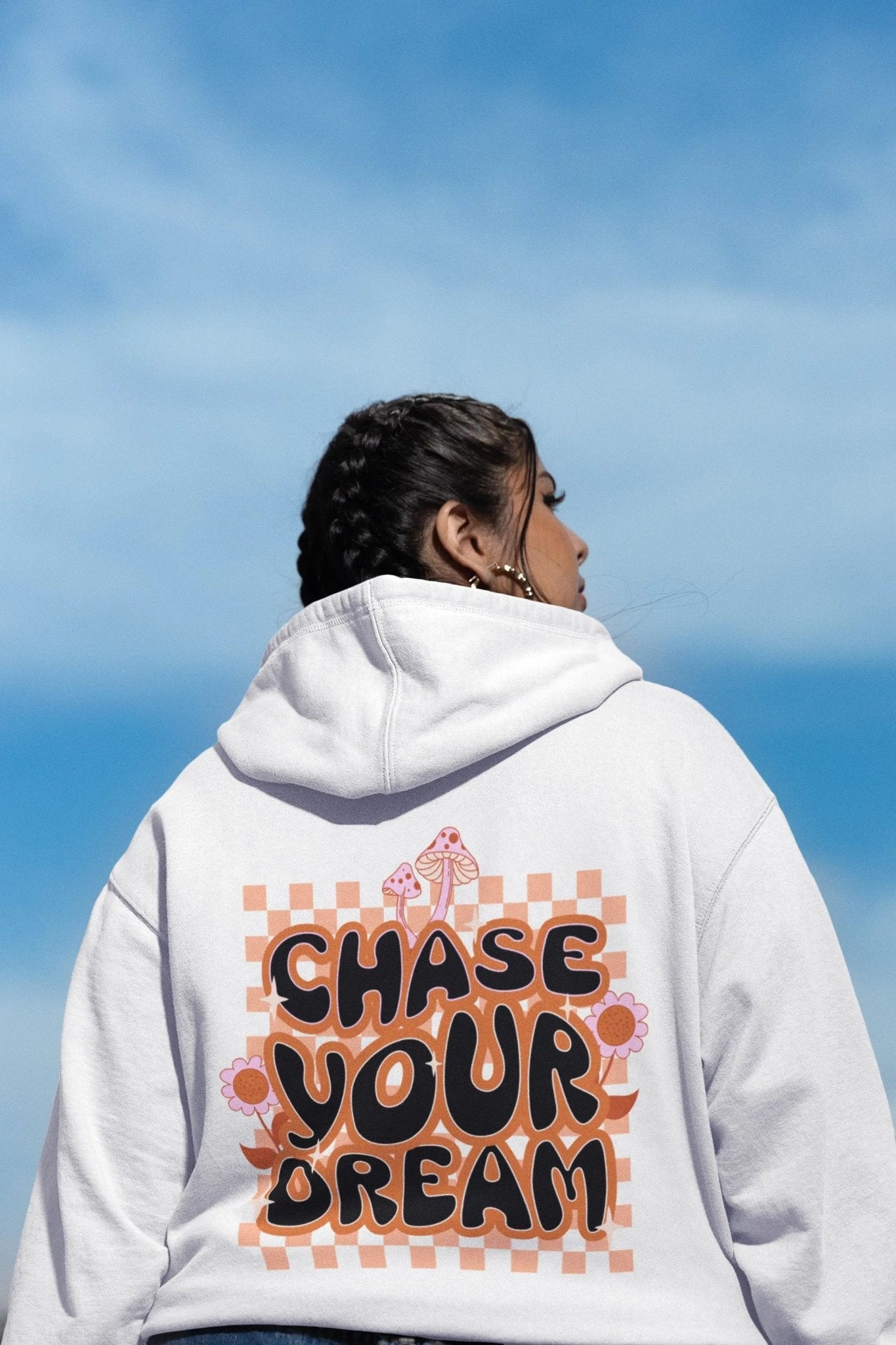 "Chase Your Dream" hoodie, boho chic style with retro motivational quote, 8 colors available.