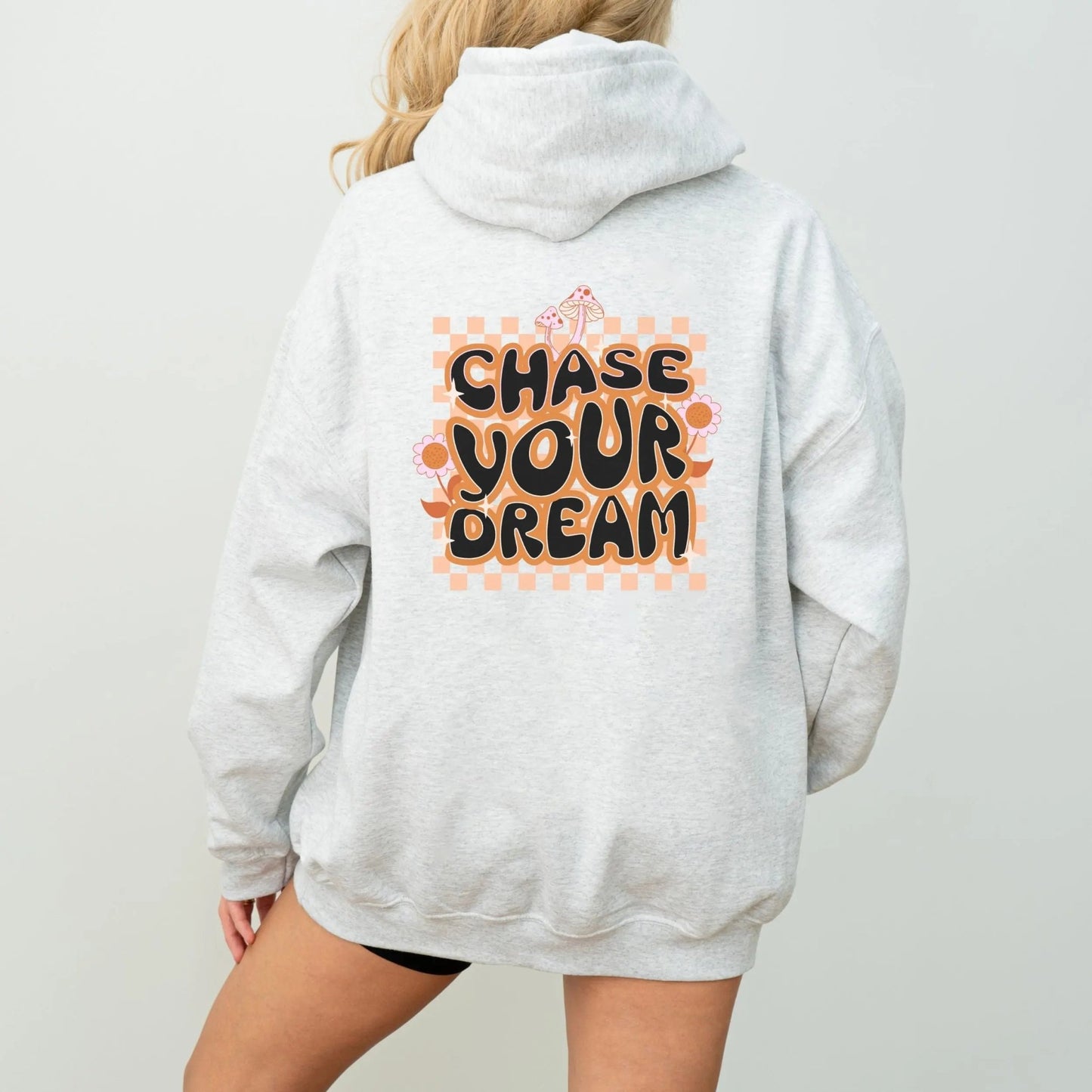 "Chase Your Dream" hoodie, boho chic style with retro motivational quote, 8 colors available.