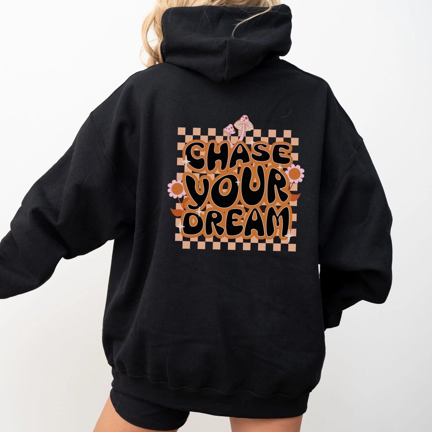 "Chase Your Dream" hoodie, boho chic style with retro motivational quote, 8 colors available.