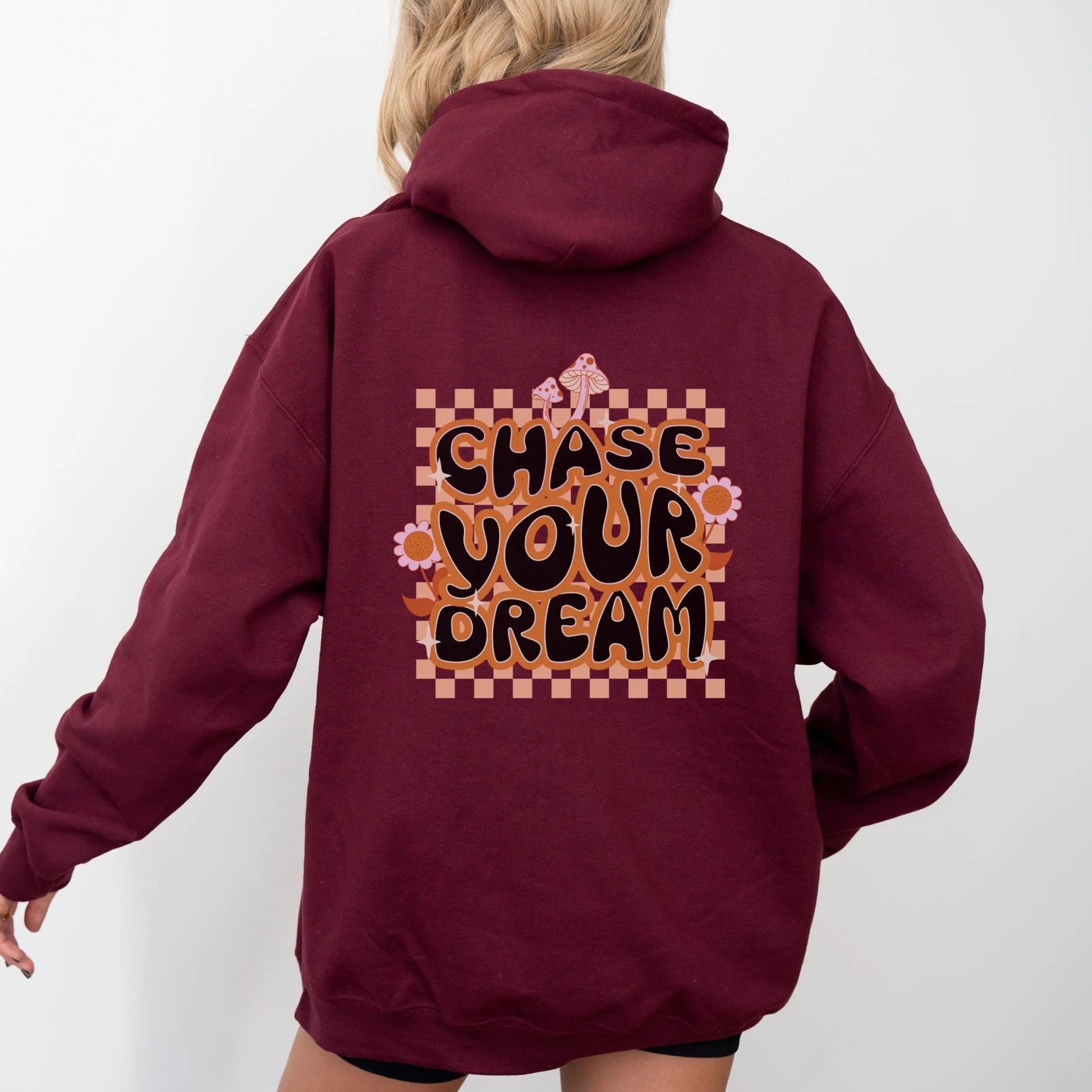 "Chase Your Dream" hoodie, boho chic style with retro motivational quote, 8 colors available.