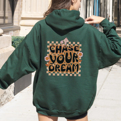 "Chase Your Dream" hoodie, boho chic style with retro motivational quote, 8 colors available.