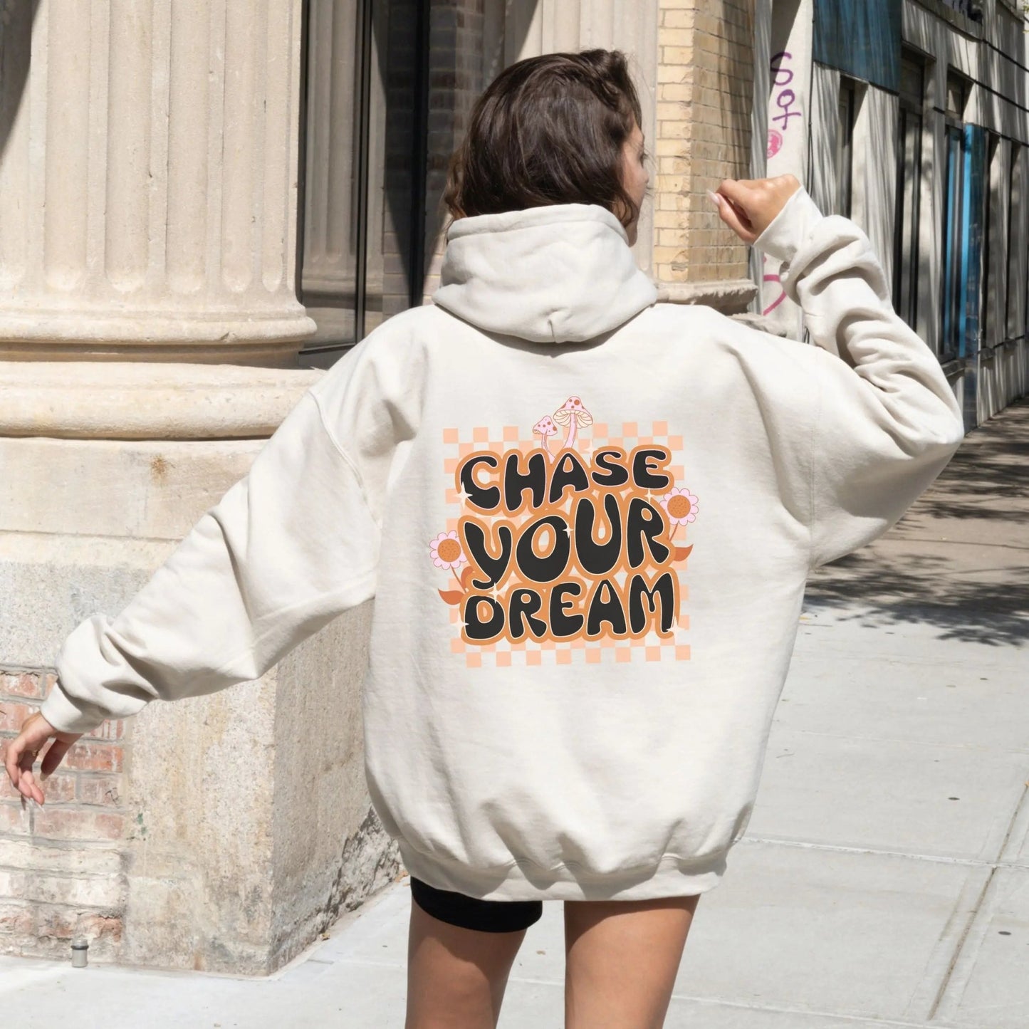 "Chase Your Dream" hoodie, boho chic style with retro motivational quote, 8 colors available.