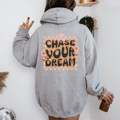 "Chase Your Dream" hoodie, boho chic style with retro motivational quote, 8 colors available.