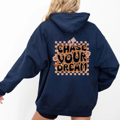 "Chase Your Dream" hoodie, boho chic style with retro motivational quote, 8 colors available.