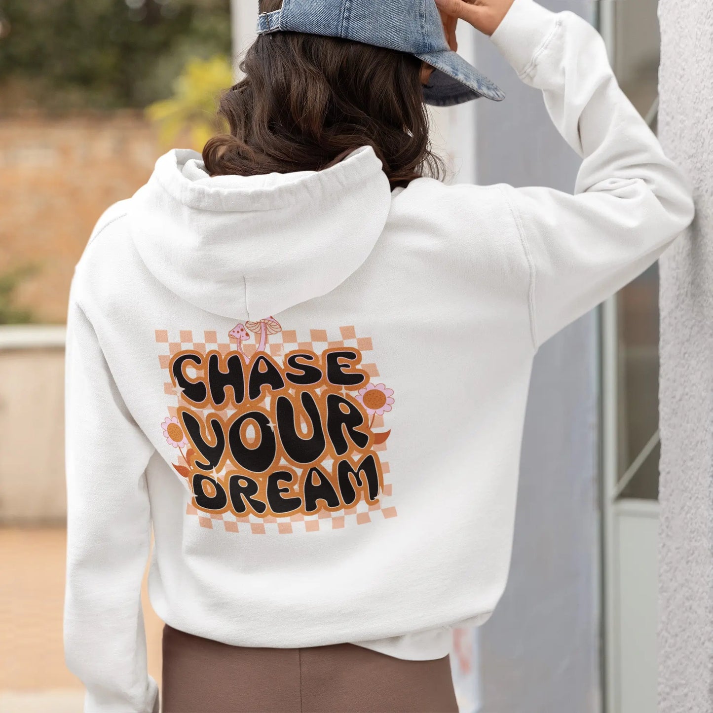 "Chase Your Dream" hoodie, boho chic style with retro motivational quote, 8 colors available.