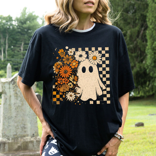 Vintage ghost and floral checkered t-shirt with retro Halloween and cottagecore vibes
