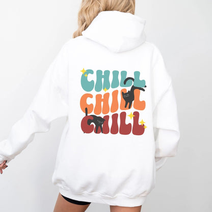 Retro Chill Cat hoodie in vibrant colors, perfect for cozy fashion and cat lovers.