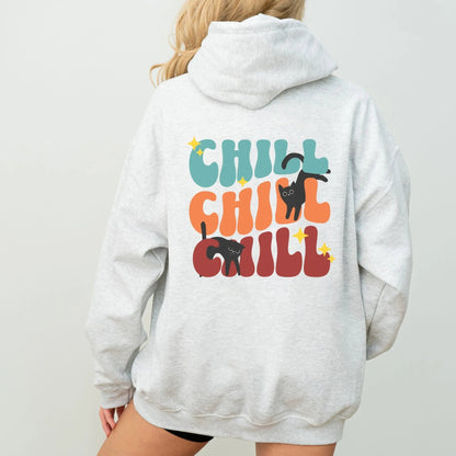 Retro Chill Cat hoodie in vibrant colors, perfect for cozy fashion and cat lovers.