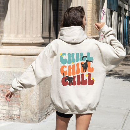 Retro Chill Cat hoodie in vibrant colors, perfect for cozy fashion and cat lovers.