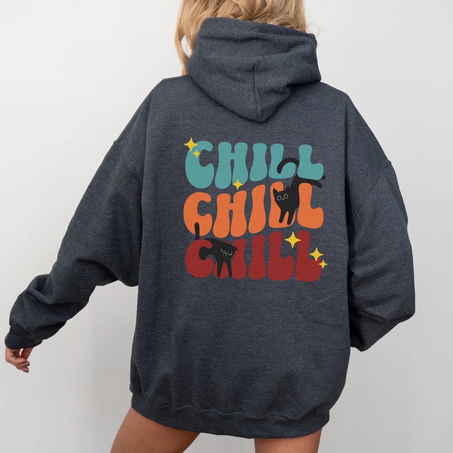 Retro Chill Cat hoodie in vibrant colors, perfect for cozy fashion and cat lovers.