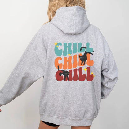 Retro Chill Cat hoodie in vibrant colors, perfect for cozy fashion and cat lovers.