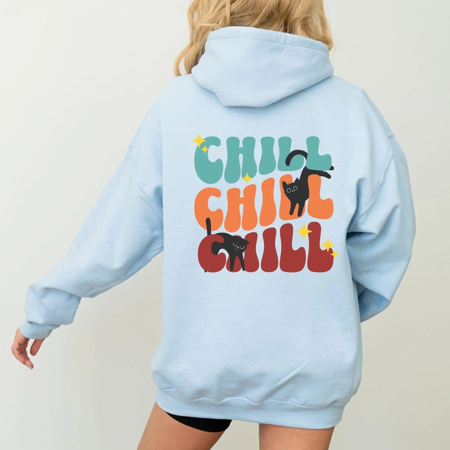 Retro Chill Cat hoodie in vibrant colors, perfect for cozy fashion and cat lovers.