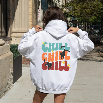 Retro Chill Cat hoodie in vibrant colors, perfect for cozy fashion and cat lovers.