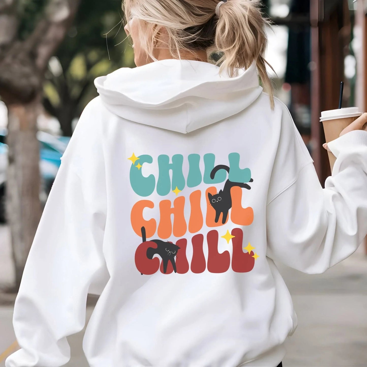 Retro Chill Cat hoodie in vibrant colors, perfect for cozy fashion and cat lovers.