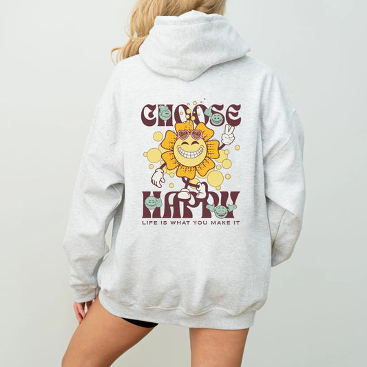 Choose Happy hoodie with retro sunflower design, perfect for positive vibes and feel-good fashion.