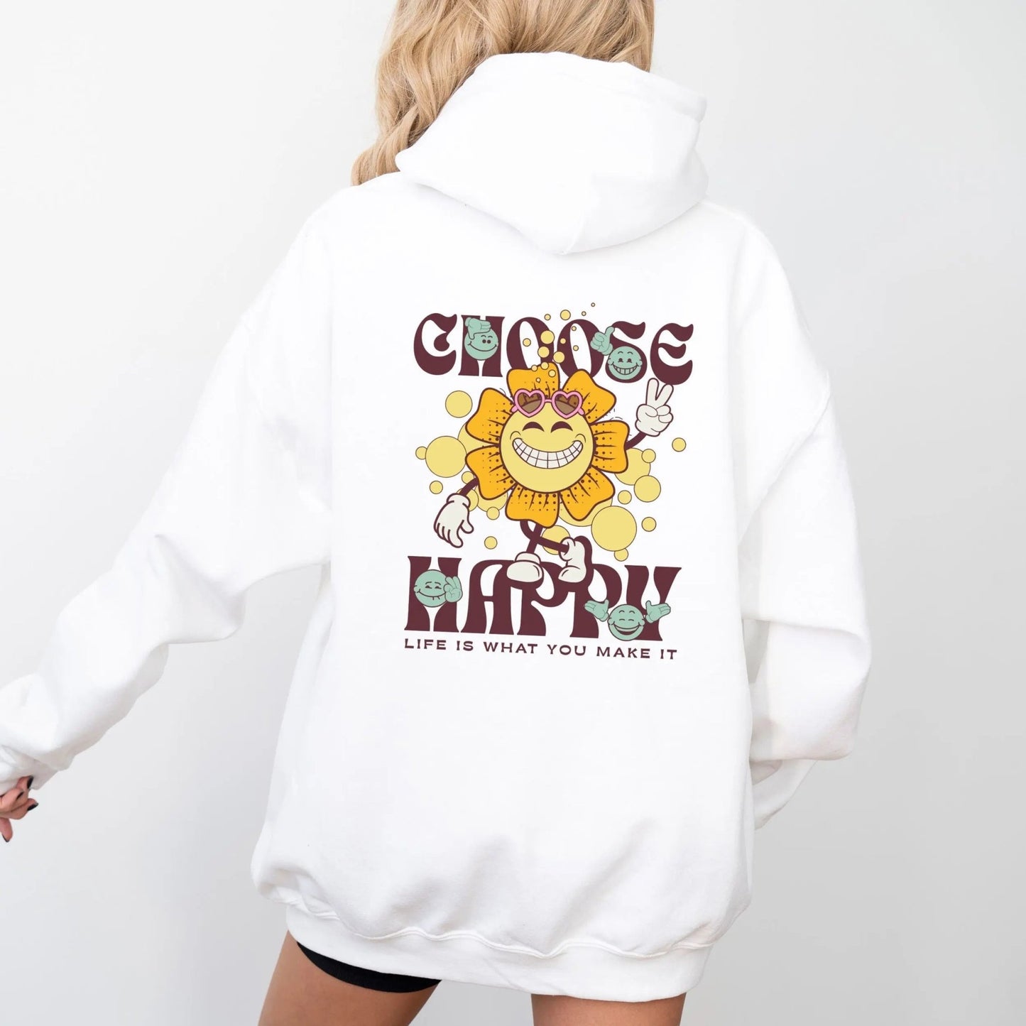 Choose Happy hoodie with retro sunflower design, perfect for positive vibes and feel-good fashion.