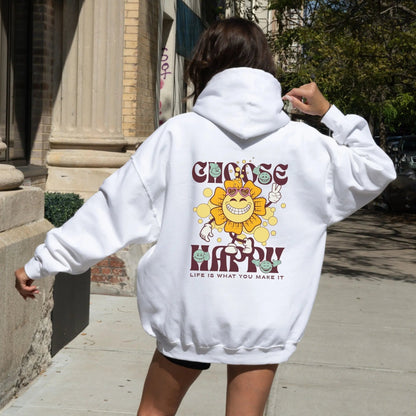 Choose Happy hoodie with retro sunflower design, perfect for positive vibes and feel-good fashion.