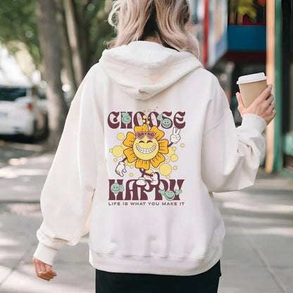 Choose Happy hoodie with retro sunflower design, perfect for positive vibes and feel-good fashion.