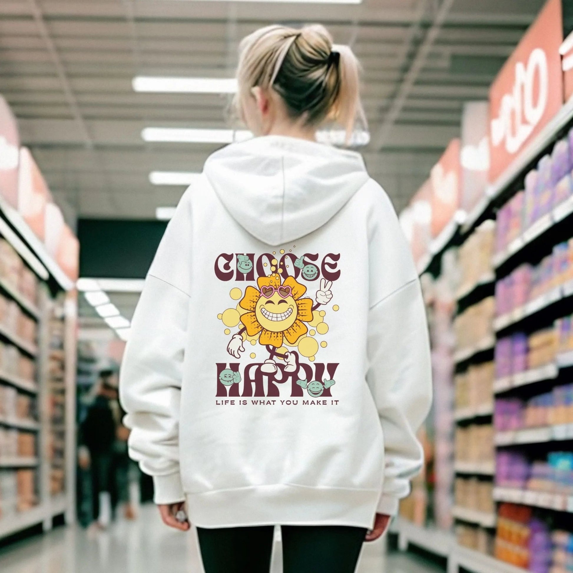 Choose Happy hoodie with retro sunflower design, perfect for positive vibes and feel-good fashion.