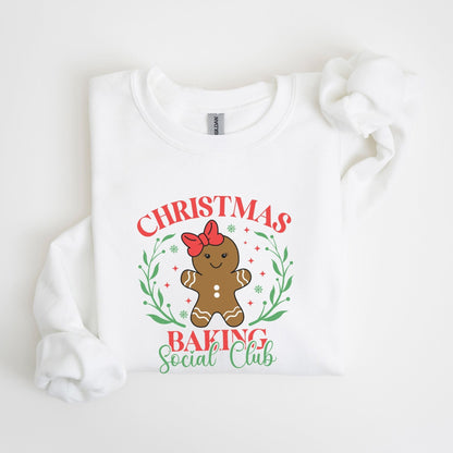 Christmas baking sweatshirt with gingerbread graphic and festive holiday design.