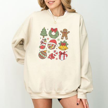 Christmas sweatshirt with festive holiday icons like trees, wreaths, and gingerbread men. Comes in 6 colors, perfect for cozy winter wear.