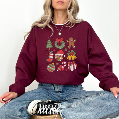 Christmas sweatshirt with festive holiday icons like trees, wreaths, and gingerbread men. Comes in 6 colors, perfect for cozy winter wear.