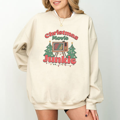 Retro Christmas movie sweatshirt with TV and holiday tree design, ideal for Christmas movie fans and cozy holiday wear.