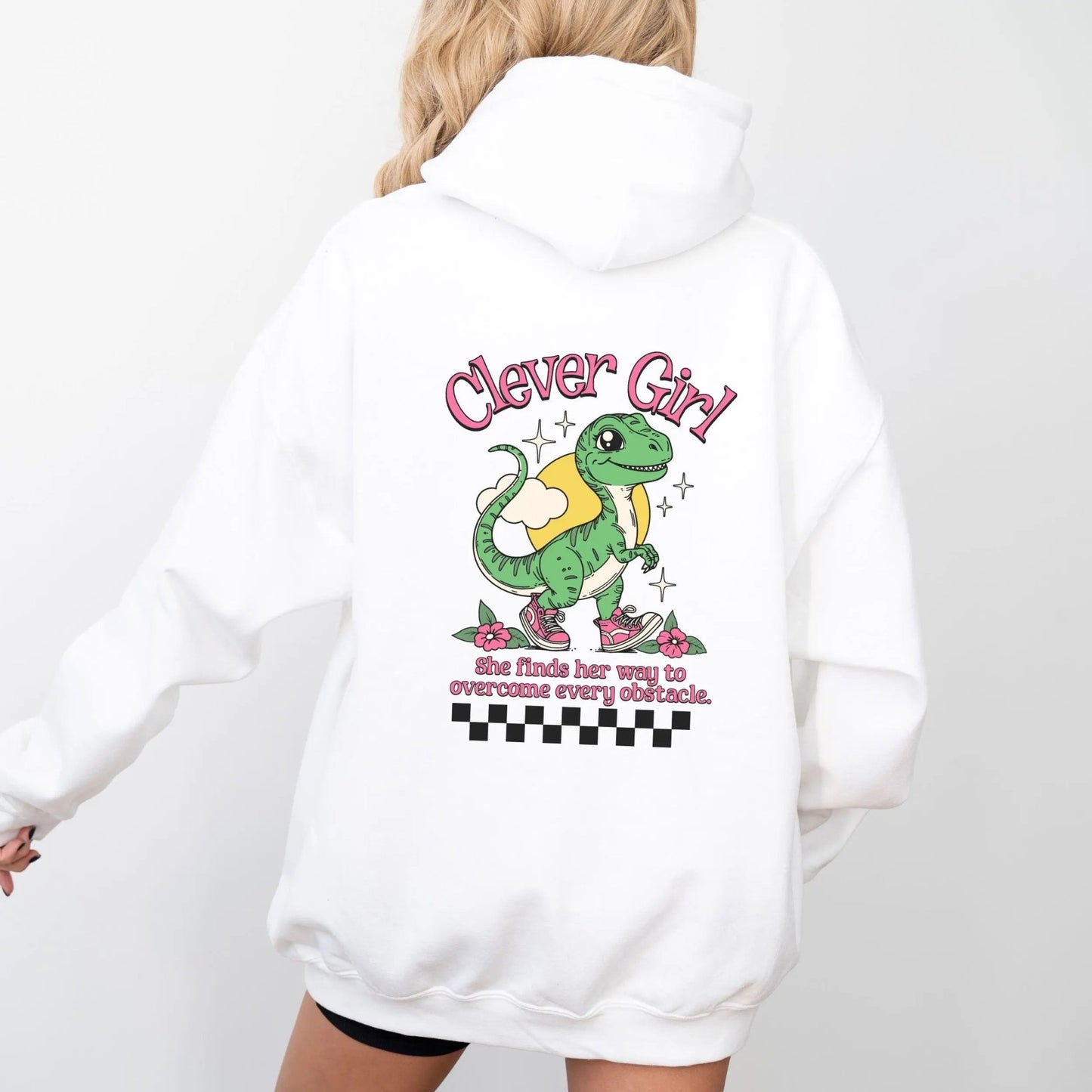 Clever Girl Dino hoodie with cute dinosaur design, perfect for playful fashion and girl power.