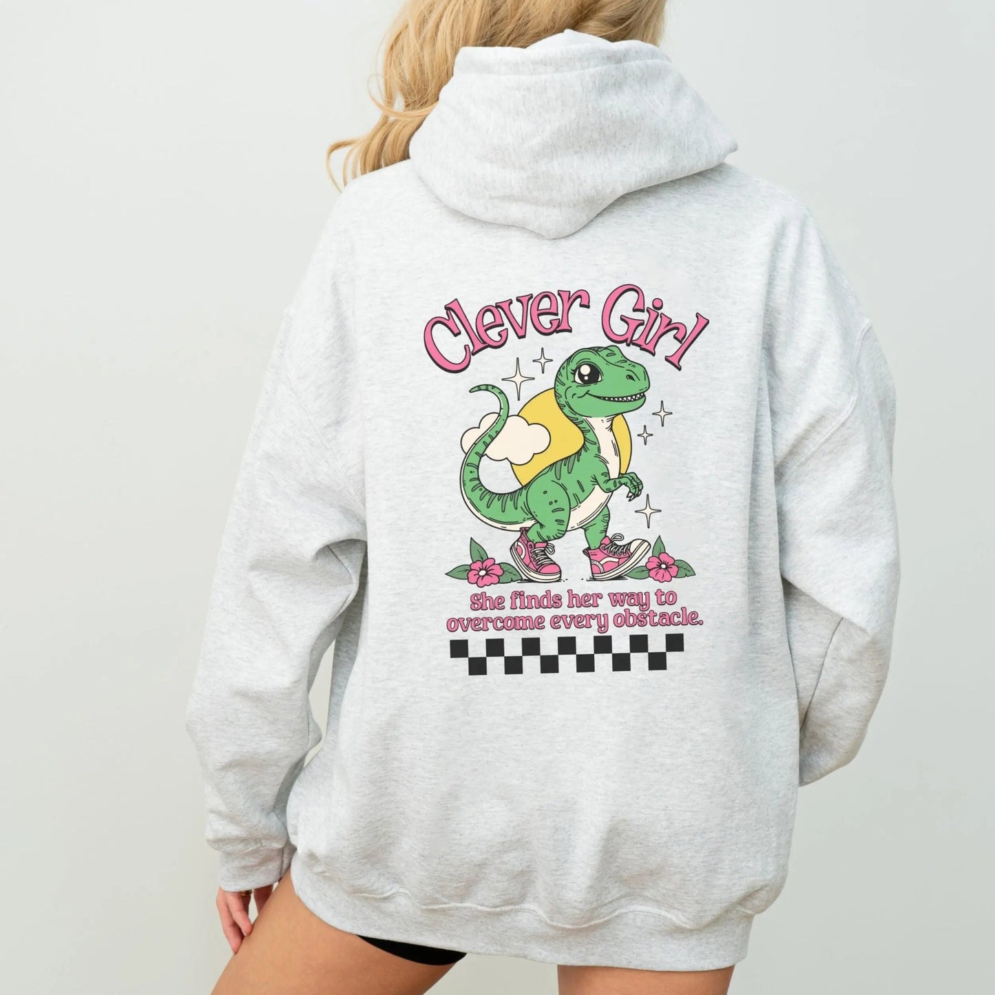 Clever Girl Dino hoodie with cute dinosaur design, perfect for playful fashion and girl power.