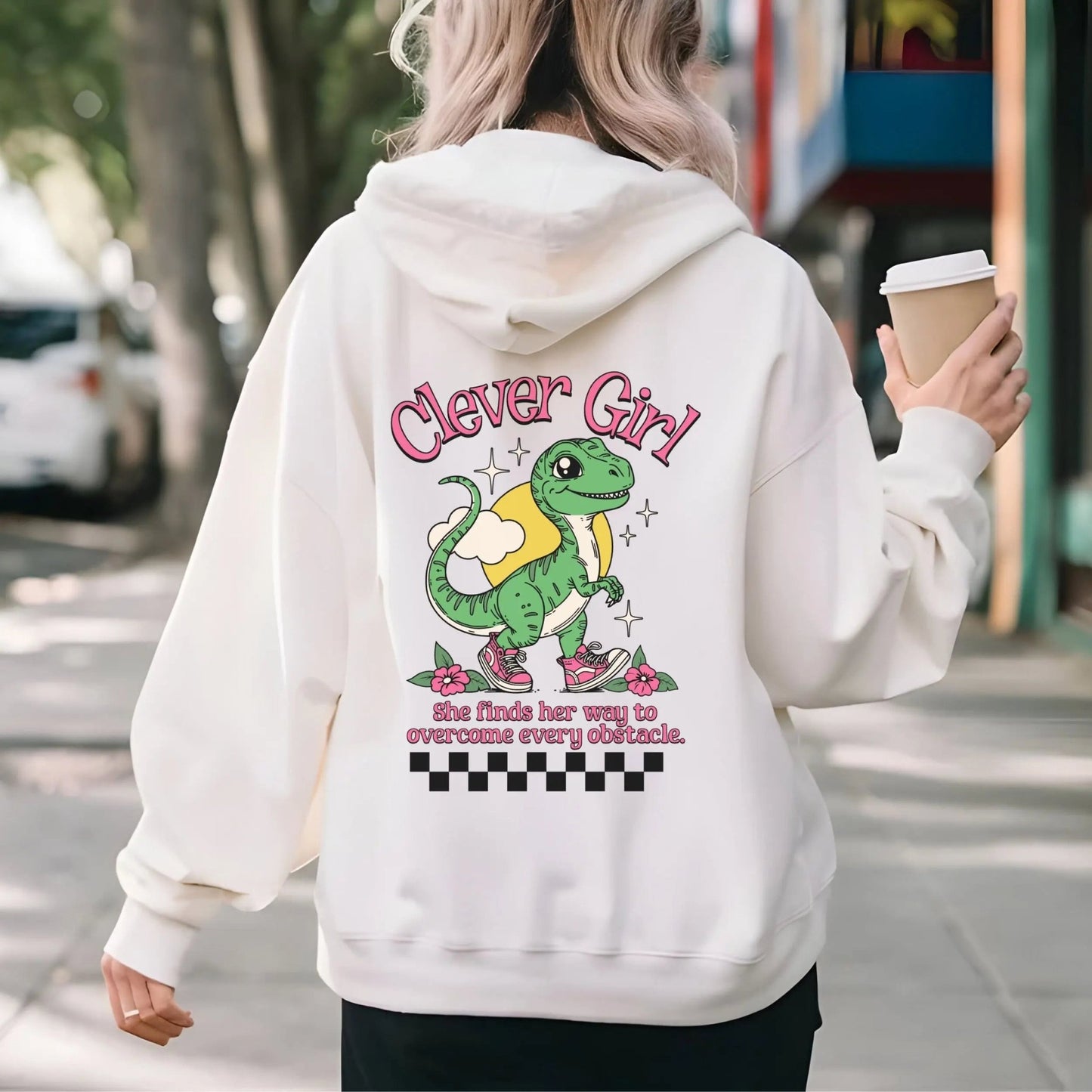 Clever Girl Dino hoodie with cute dinosaur design, perfect for playful fashion and girl power.