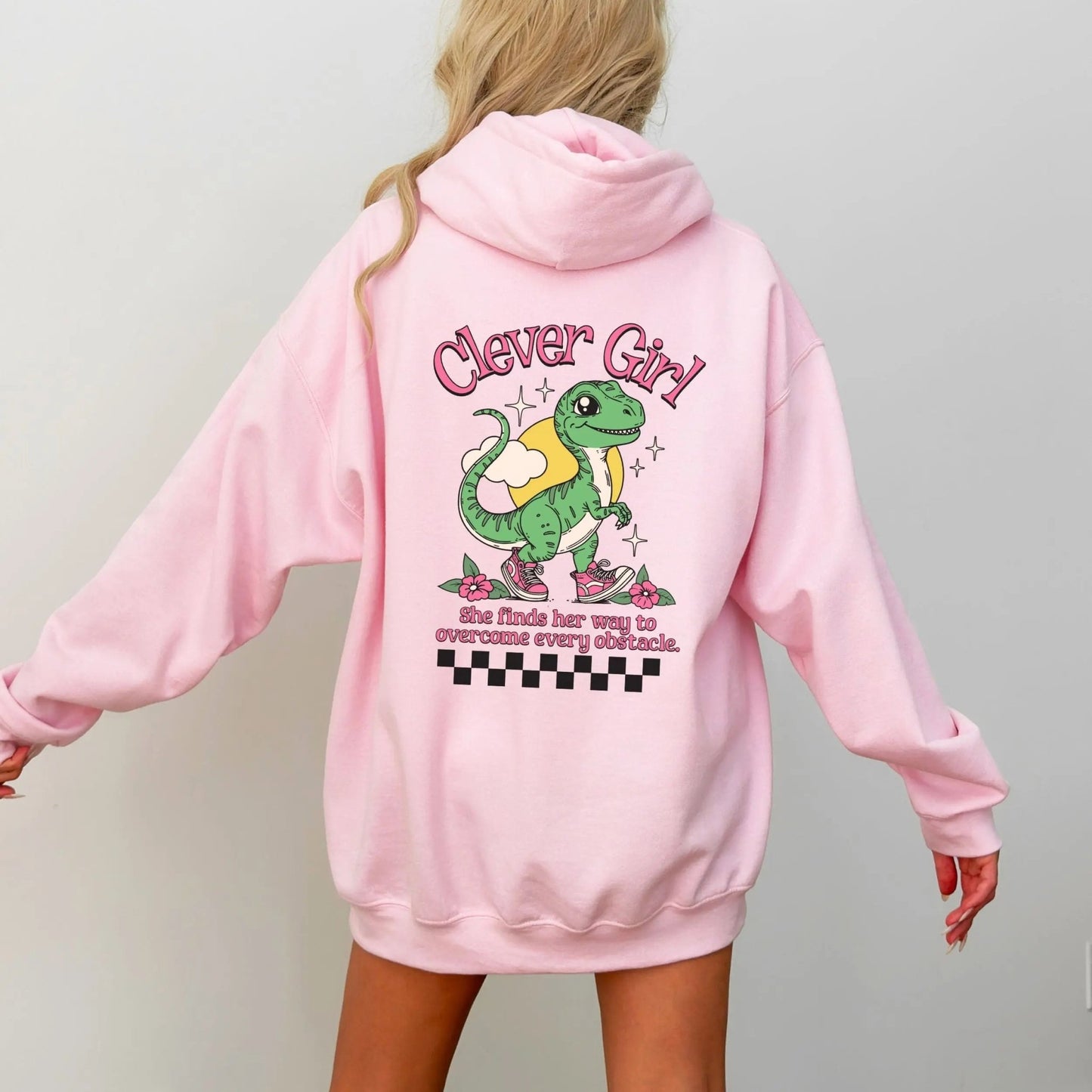 Clever Girl Dino hoodie with cute dinosaur design, perfect for playful fashion and girl power.