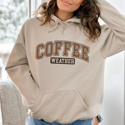 Coffee Weather varsity-style hoodie for coffee lovers.